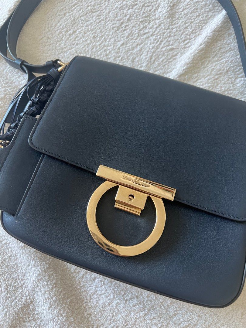 Salvatore Ferragamo Tassel Gancini Lock Flap Shoulder Bag Leather Medium Navy Blue