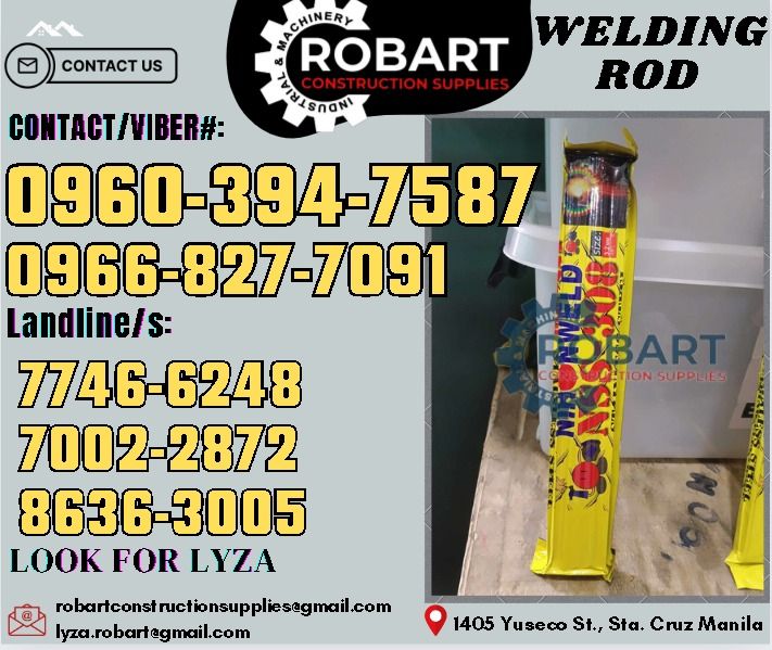Welding Rod (Category: Construction Tools & Equipment) located in Manila. Submitted by lyzarobart11 (Listing ID 1315328480, Image 1). Description: Welding Rod NSS-308 3.2mm Brand: Nihonweld 𝑹𝑶𝑩𝑨𝑹𝑻 𝑪𝑶𝑵𝑺𝑻𝑹𝑼𝑪𝑻𝑰𝑶𝑵 𝑺𝑼𝑷𝑷𝑳𝑰𝑬𝑺 𝒪𝒻𝒻𝒾𝒸𝑒 𝒜𝒹𝒹𝓇𝑒𝓈𝓈: 𝟣𝟦𝟢𝟧 𝒴𝓊𝓈𝑒𝒸𝑜 𝒮𝓉. 𝒮𝓉𝒶 𝒞𝓇𝓊𝓏 𝑀𝒶𝓃𝒾𝓁𝒶 ꜱᴇɴᴅ ᴜꜱ ᴍᴇꜱꜱᴀɢᴇ ꜰᴏʀ ɪɴQᴜɪʀɪᴇꜱ ‼️ ‼️ ɢʟᴏʙᴇ: (0966-827-7091) ꜱᴍʀᴛ - (0960-394-7587) ᴠɪʙʀ - (0960-394-7587) ʟᴀɴᴅʟɪɴᴇ: (863