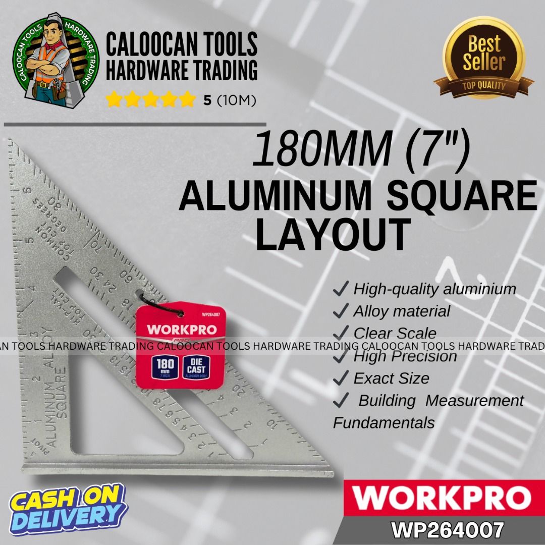 WORKPRO 180mm (7") Aluminum Square Layout Tool (WP264007) (Category: Construction Tools & Equipment) located in Caloocan City. Submitted by caloocantoolshardwaretrading (Listing ID 1315318819, Image 1). Description: WORKPRO 180mm (7") Aluminum Square Layout Tool (WP264007) SRP ₱ 216.00 📌 TECHNICAL SPECIFICATION: Model: WP264007 Product Dimensions: ‎18 x 17 x 1.8 cm; 320 g Colour: silver Style: ‎Triangle Material: ‎Aluminium Graduation range 0-30