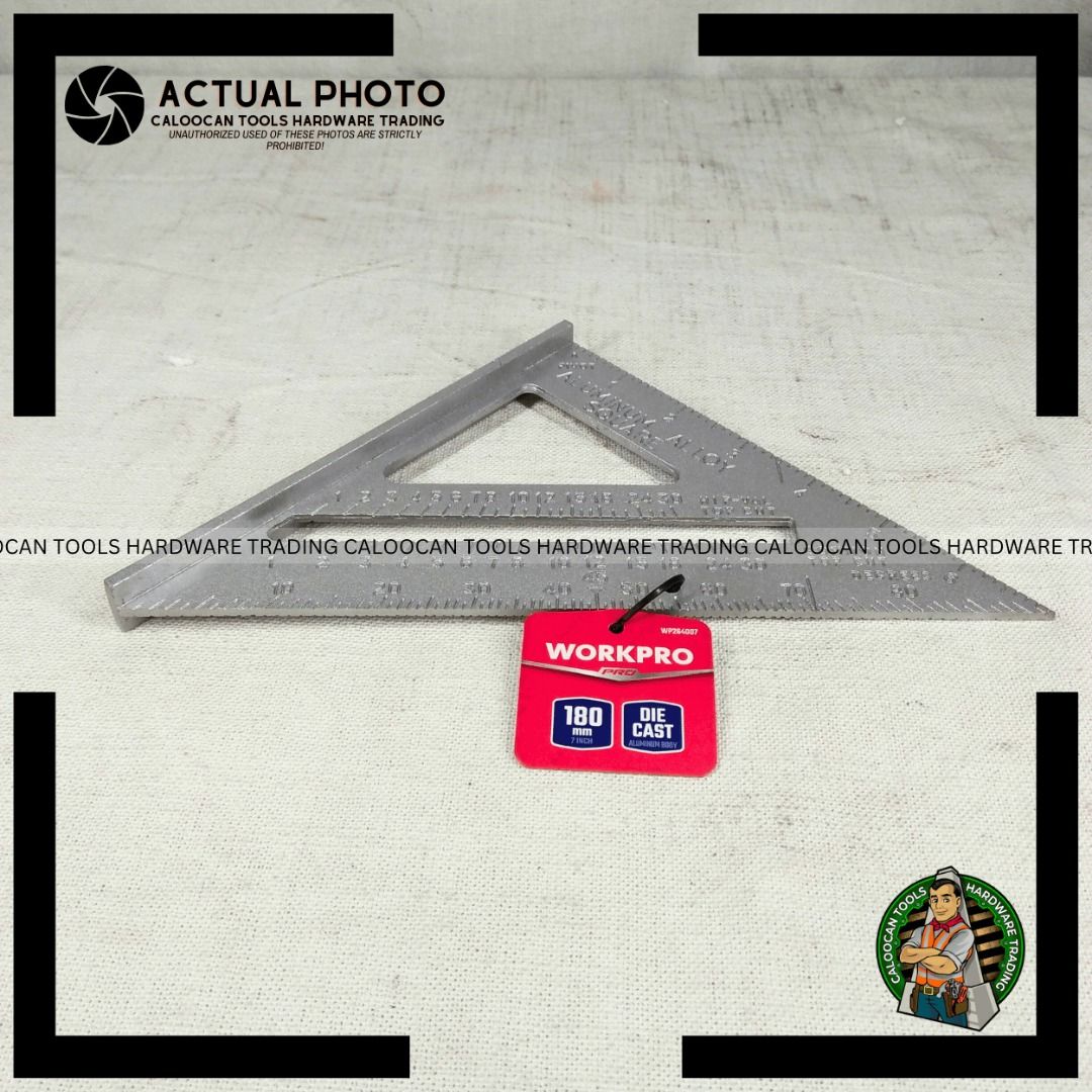WORKPRO 180mm (7") Aluminum Square Layout Tool (WP264007) (Category: Construction Tools & Equipment) located in Caloocan City. Submitted by caloocantoolshardwaretrading (Listing ID 1315318819, Image 2). Description: WORKPRO 180mm (7") Aluminum Square Layout Tool (WP264007) SRP ₱ 216.00 📌 TECHNICAL SPECIFICATION: Model: WP264007 Product Dimensions: ‎18 x 17 x 1.8 cm; 320 g Colour: silver Style: ‎Triangle Material: ‎Aluminium Graduation range 0-30