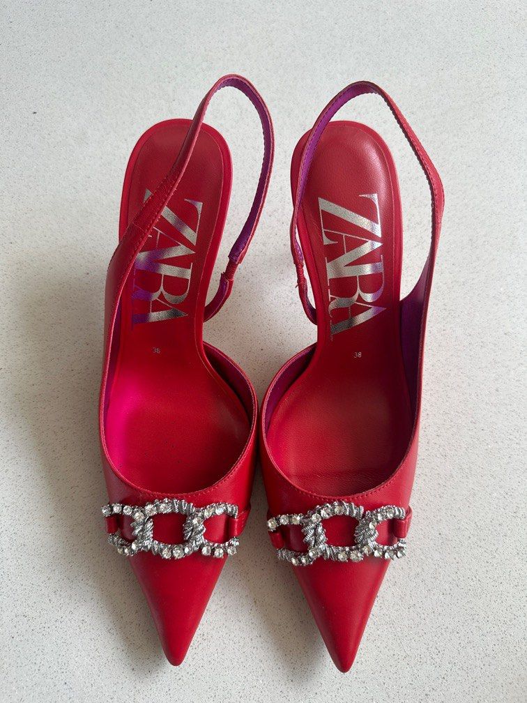 Zara Red Heels with crystals Women s Fashion Footwear Heels on Carousell
