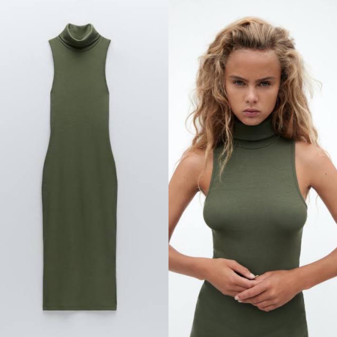 Cotton Army green Sleeveless midi crinkle dress (says Xs can fit up to M)