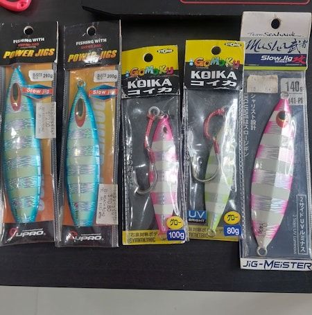 Assorted Jigs (Category: Fishing) located in Singapore. Submitted by mojito.carrotjuice (Listing ID 1315577445, Image 2). Description: Selling a bunch of assorted jigs, range from 80g to 260g all BNIB. Eupro BLS Slow Jig 260g - $9 Eupro BLS Slow Jig 200g - $7 Storm Gomoku Koika 80g - SOLD Storm Gomoku Koika 100g - $9 Team Seahawk Musha Slow Jig 140g - $5 Eupro S2 Spiral Jig (glow) 125g - $6 each Ocean Attitude Long Jig (blue) - $12 Ocean Attitude