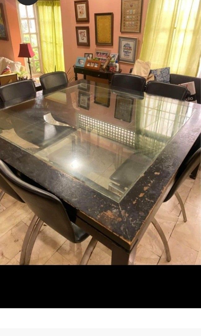 Rush -Big Square Harwood and glass Dining Table (Category: Tables & Sets) located in Marikina City. Submitted by declutteringmomma2022 (Listing ID 1315502306, Image 2). Description: 60 inches all sides Location Marikina Bought for 60k Rfs too big for us na.