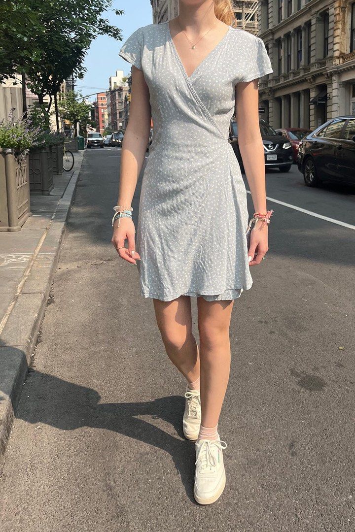 Brandy Melville Light Blue Robbie Wrap Dress reformation realisation princess polly with jean Women s Fashion Dresses Sets Dresses on Carousell