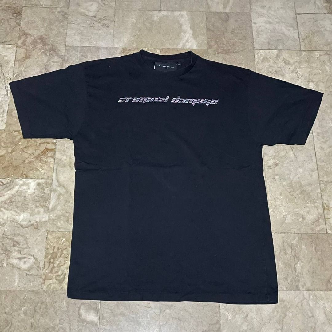 Criminal Damage Rhinestone Logo Oversized Shirt (Category: Shirts) located in Taguig. Submitted by mightydept (Listing ID 1315667188, Image 1). Description: Criminal Damage Rhinestone Logo Oversized Shirt Large See 2nd photo for issue.