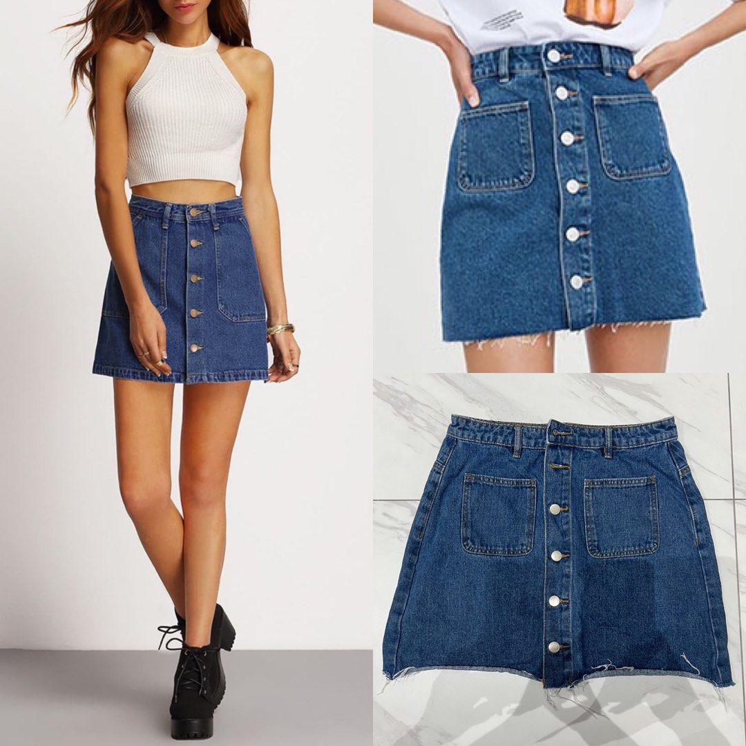 DEAL Denim A Line Button Through Skirt Casual Trendy Slim Tall Waistline Mini Korean Woman Female Date High waisted Jeans Levi s Plump Girl Female