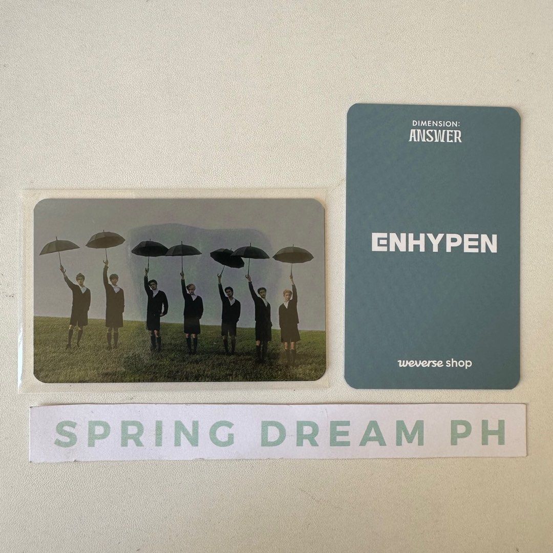 Enhypen Answer Weverse POB photocard Group pc (Category: K-Wave Merchandise) located in Malolos. Submitted by springdreamph (Listing ID 1315627471, Image 1). Description: ❤️ MOP: BPI, BDO, GCASH, MAYA, SEABANK ❤️ MOD: J&T, Lalamove from Malolos Bulacan ❤️ MEETUP: Vista Mall Malolos ✓OFFICIAL 𝗧𝗛𝗜𝗦 𝗜𝗦 𝗢𝗡𝗛𝗔𝗡𝗗 —We will ship it within 7 days. —Please NO RUSH. Do not order if not willing to wait! 𝗗𝗘𝗙𝗔𝗨𝗟𝗧 𝗣𝗔𝗖𝗞𝗔𝗚𝗜𝗡𝗚: —1 layer 