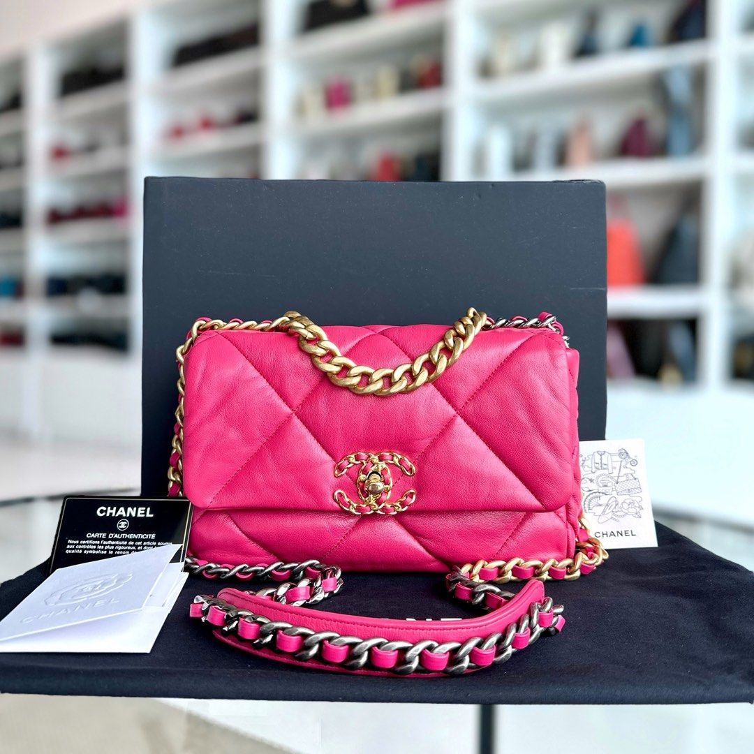 Full Set, Receipt* Chanel C19 Goatskin Quilted Small Hot Pink