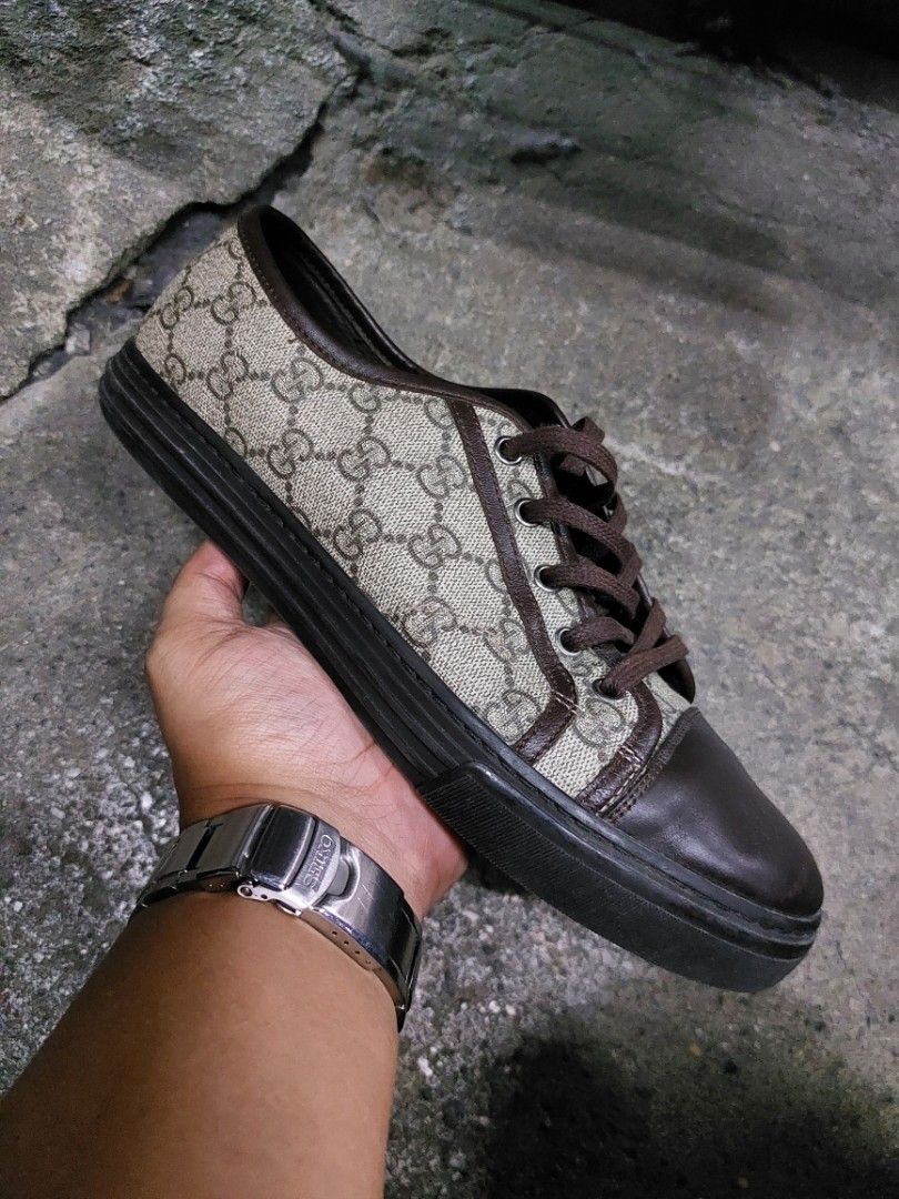 Gucci Brown Leather Beige GG Monogram Trainers Sneakers 26.5 cm