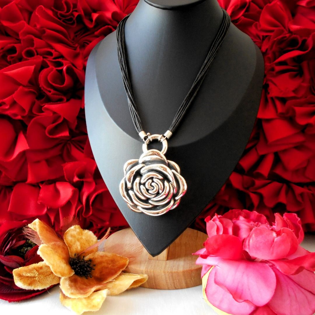 Handcrafted Collectable Jewellery Authentic 925 Silver Large Rose Pendant Black Rope Party Cocktail Work Necklace Bespoke Handmade Jewelry Collectible Women s Fashion Jewelry Organisers Necklaces on C...