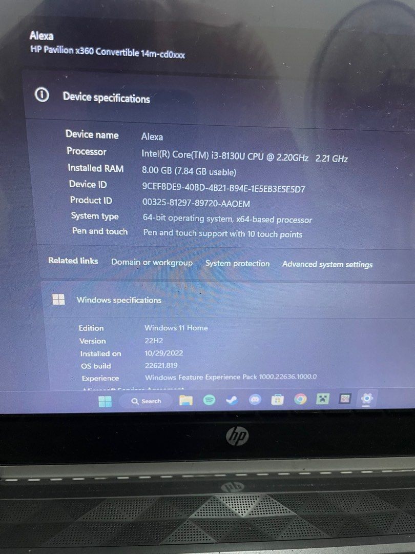 Hp Pavillion x360 (Category: Laptops & Notebooks) located in Caloocan City. Submitted by lexsamuelgaud65-80152 (Listing ID 1315648088, Image 3). Description: Hp Pavillion x360 touchscreen Specs: Intel core i3 8th gen 8gb ram Honest issues: Scratches sa touchpad and W key is loose but all working .