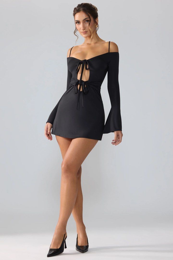 fitted lace wedding dress Long Sleeve Embellished Backless Maxi Dress in Black - 10 main image 1