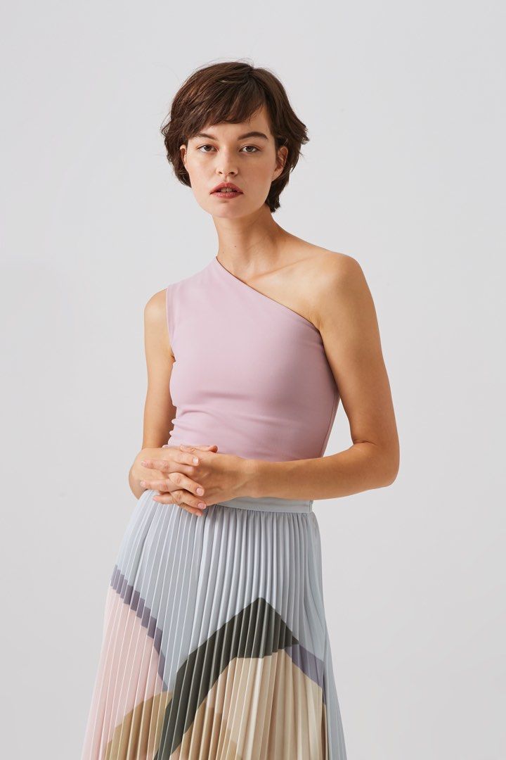 One Shoulder Jersey Top Mountains Pleated Midi Skirt, Women's