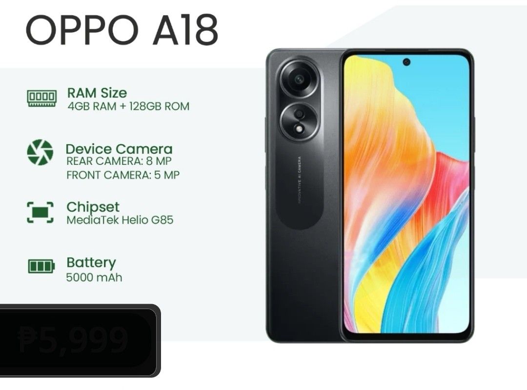 OPPO A18 (Category: OPPO) located in Makati City. Submitted by melissa12345 (Listing ID 1315499482, Image 1). Description: 👉Read me 1st 📍Brand new 💯 📍Items on hand ❌ No COD 🏦 MOP bpi/bdo/GCash 📍No return no exchange 📍Payment 1st before delivery 💰Cashless transaction at this moment..