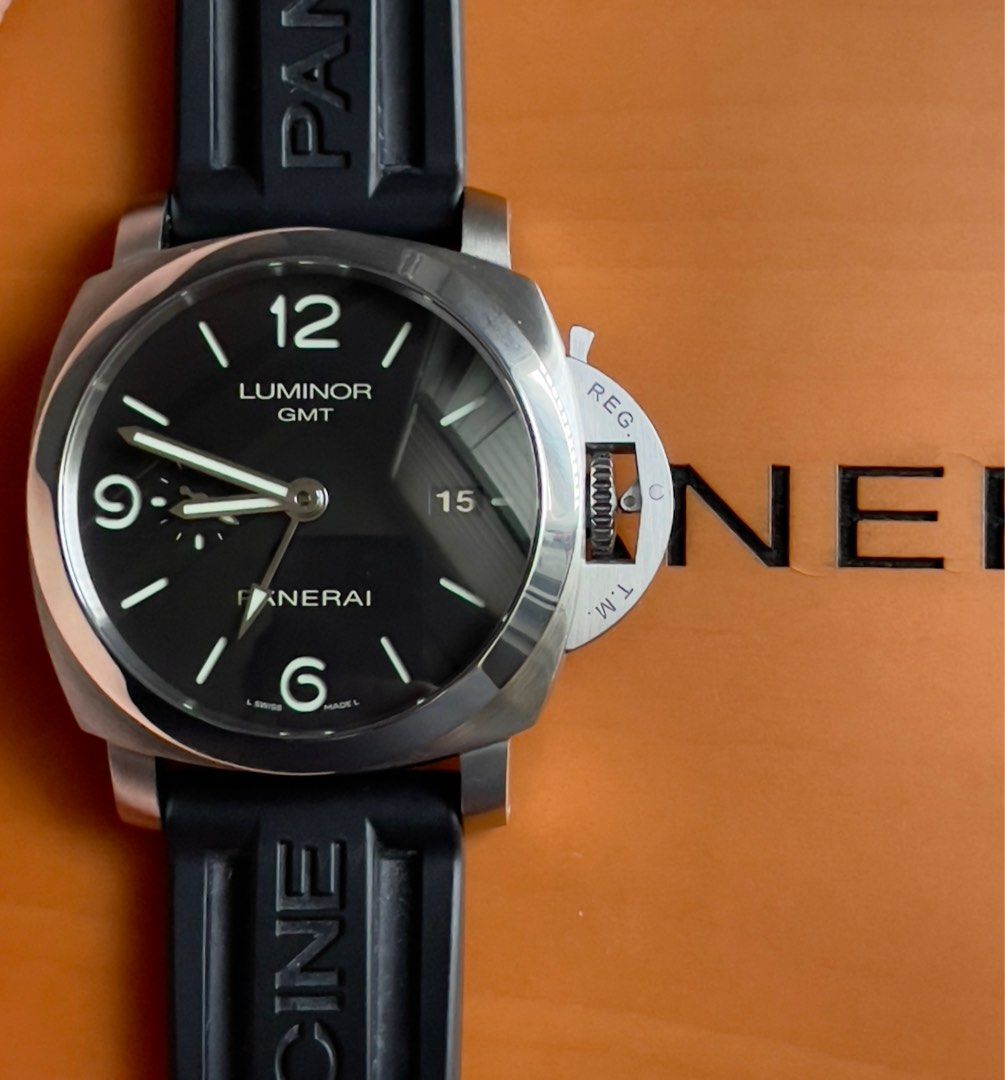 Panerai Luminor Marina GMT Automatic (Category: Men's Watches) located in Manila. Submitted by watchguyph (Listing ID 1315529976, Image 1). Description: For sale 245k Panerai Luminor Marina GMT Automatic PAM 320 44mm Automatic Sandwich dial with GMT hand 2012 Complete box and papers 💯 Secondary strap included 💯 Condition 9.8/10 Pm for inquiries.