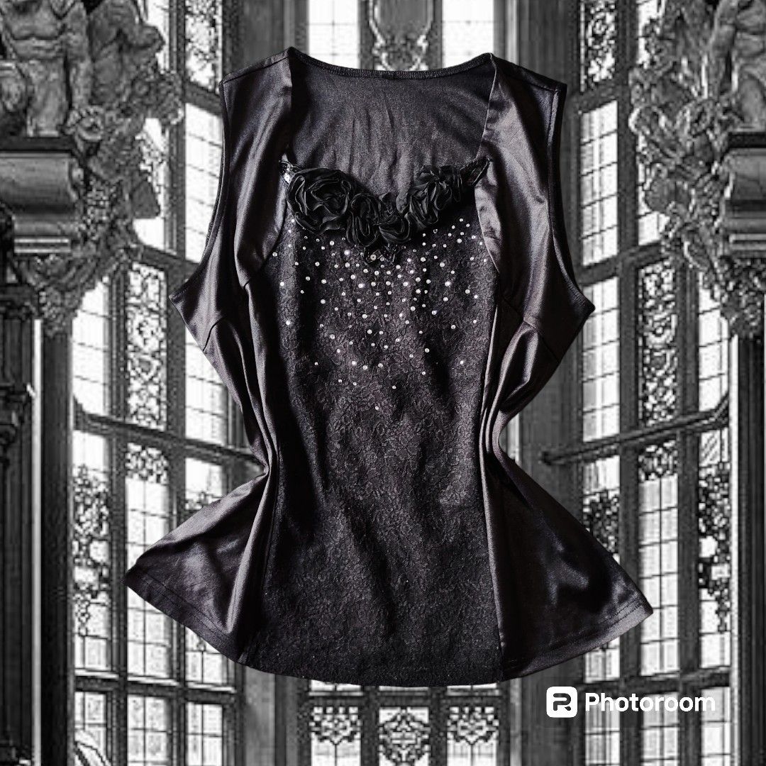 Satin and Brocade Combi Black Tanktop // Tank Top Kaos Hitam Y2K Coquette  Cottagecore Unik Dark Academia Whimshgoth Goth Gothic Vampire Grunge Rock