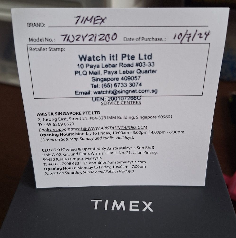 Timex Easy Reader (Category: Men's Watches) located in Singapore. Submitted by calmfalcon.ba3f8a (Listing ID 1315540067, Image 2). Description: I am a watch enthusiast, I recently bought a Timex Easy Reader Bold on Shoppee. I spotted another which I now want! Therefore, my policy is one in, one out as I have several watches. Please have a look at the date of the warranty. My loss, your gain..
