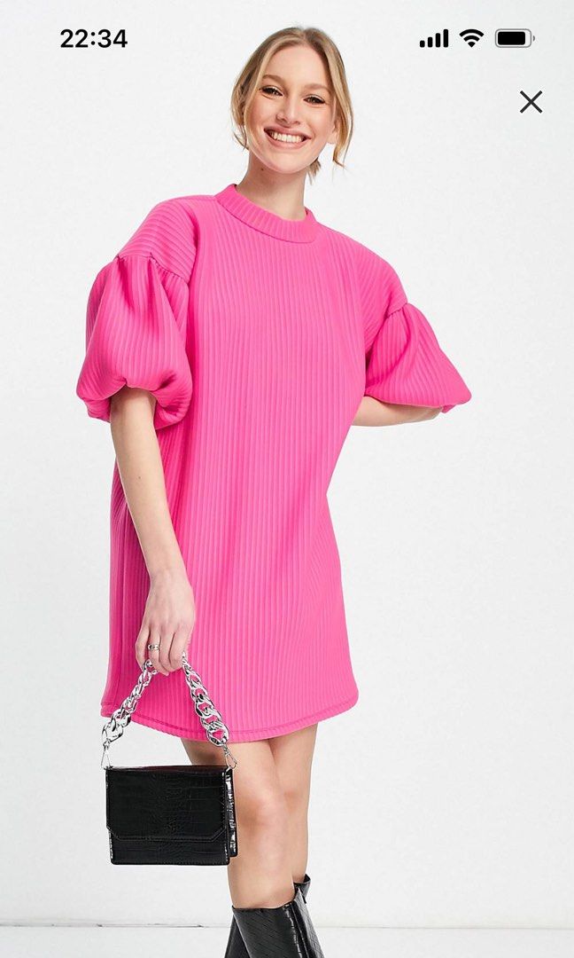 ASOS Design ribbed mini dress with bubble sleeve in pink, Women's
