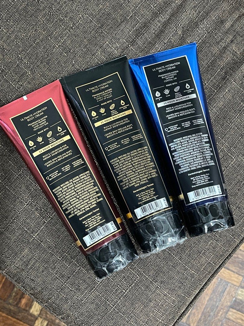Bath & Body Works Ultimate Hydration Body Creme (Category: Men's Grooming) located in Marikina City. Submitted by dual_time (Listing ID 1315800279, Image 2). Description: Brand New and sealed Bought from US In Bourbon, Noir, and Ocean Retail is 17USD, selling for php600 each Get all 3 for php1500.