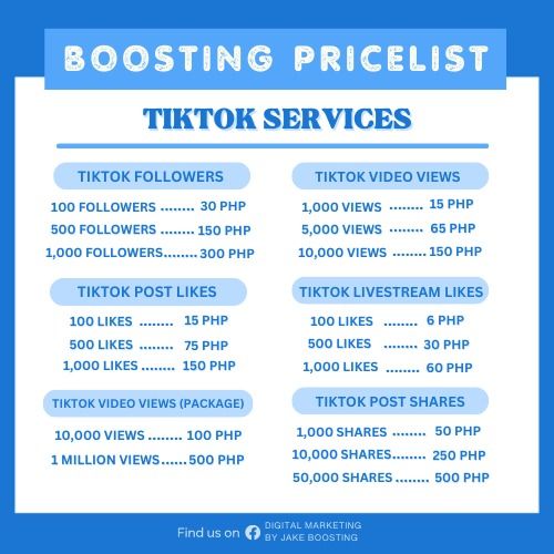 BOOSTING SERVICES (TIKTOK) (Category: Design & Marketing) located in Manila. Submitted by jakeboostingservices (Listing ID 1315871966, Image 1). Description: 🚀 Boost Your TikTok Game! 📈 Quality services at unbeatable prices. Get more likes, followers, and views with our expert growth strategies. Let’s make your content shine! 💫 #TikTokBoost #QualityOverQuantity Kindly DM us for more info!.