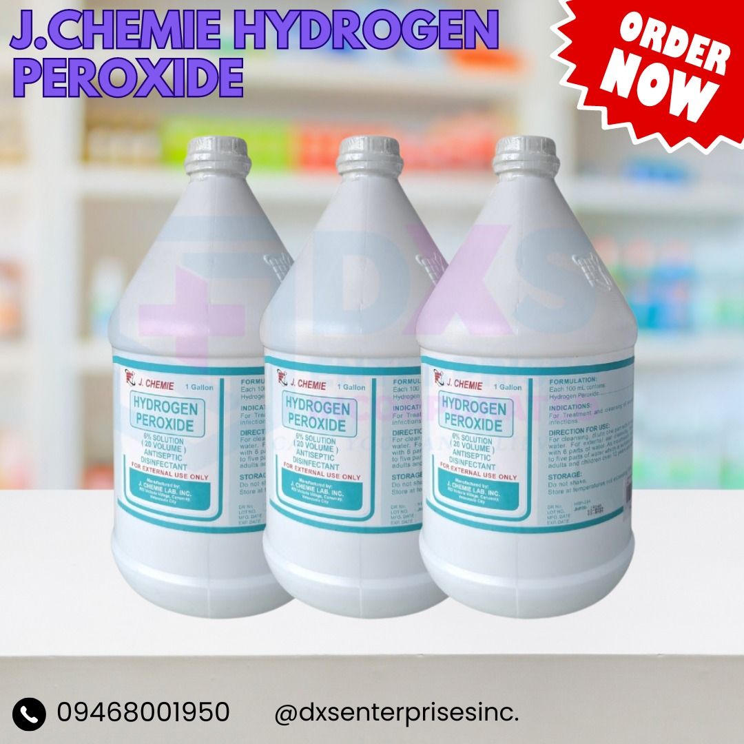 J. CHEMIE HYDROGEN PEROXIDE 1 GAL. 6 % SOLUTION (Category: Sanitizers & Disinfectants) located in Quezon City. Submitted by marketings84097 (Listing ID 1315710874, Image 1). Description: Hydrogen Peroxide 6% Solution is an antiseptic that is used for the treatment and prevention of wound infection. Hydrogen Peroxide 6% Solution kills and prevents the growth of infection -causing microbes, thereby preventing abrasions, cuts, or any break-in the sk