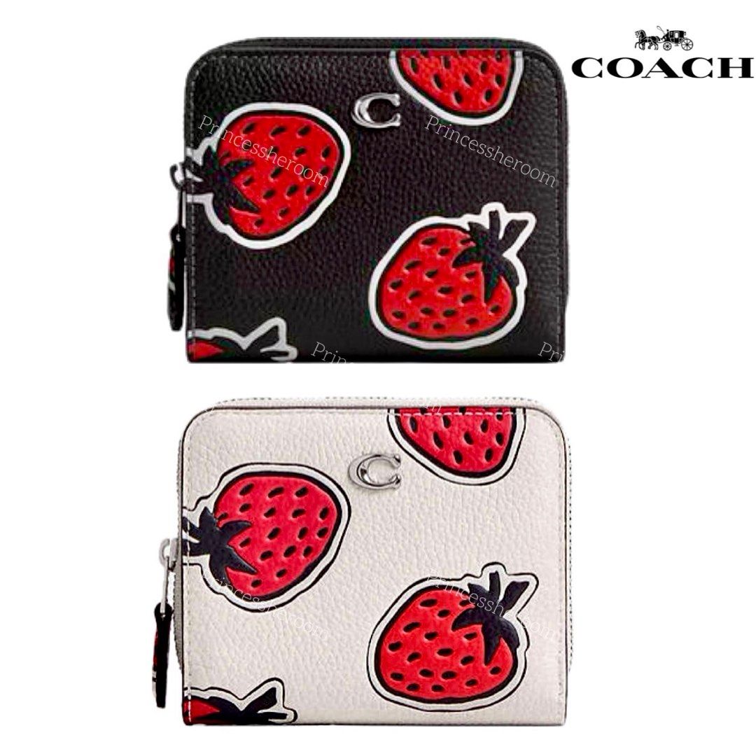 New Coach Original CT908 Billfold Wallet in Strawberry Print Women Bifold Short Wallet Zip Coin Purse with Full Set of Coach Package