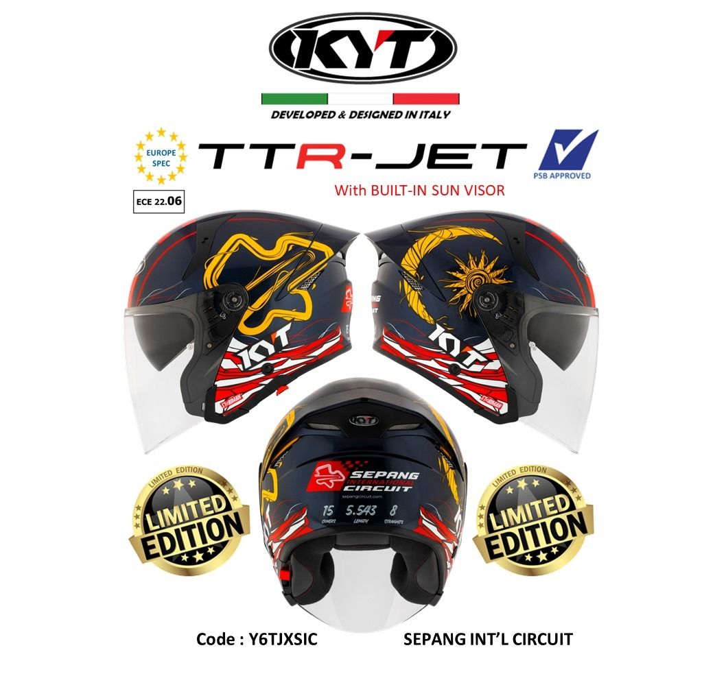 PSB Approved KYT TTR JET Open face helmet with sun visor TT-R (Category: Motorcycle Apparel) located in Singapore. Submitted by littlebike (Listing ID 1315873172, Image 3). Description: Store Purchase/ Free Delivery PSB APPROVED Dual Visor - Sun Visor If not sure which you want, come down shop. Displays available for all sizes and designs to view and try. We have a selection of over 200+ PSB Approved helmets.