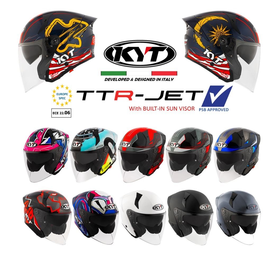 PSB Approved KYT TTR JET Open face helmet with sun visor TT-R (Category: Motorcycle Apparel) located in Singapore. Submitted by littlebike (Listing ID 1315873172, Image 1). Description: Store Purchase/ Free Delivery PSB APPROVED Dual Visor - Sun Visor If not sure which you want, come down shop. Displays available for all sizes and designs to view and try. We have a selection of over 200+ PSB Approved helmets.
