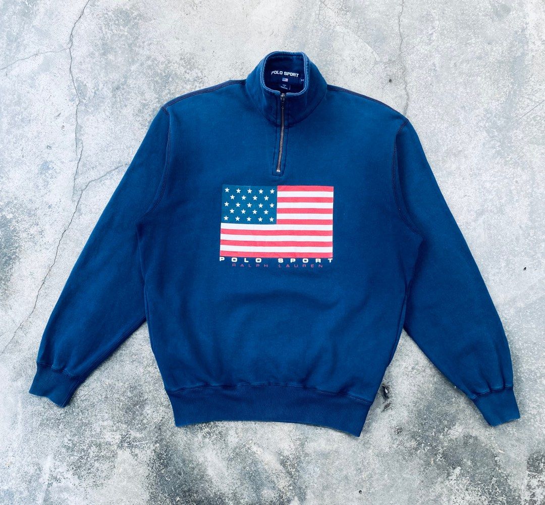 Vintage 90s Polo Sport Ralph Lauren Usa Flag Half Zip Sweetshirt