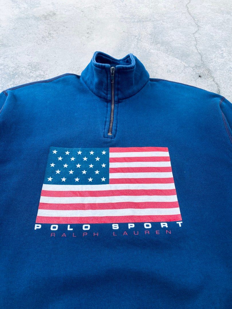 Vintage 90s Polo Sport Ralph Lauren Usa Flag Half Zip Sweetshirt