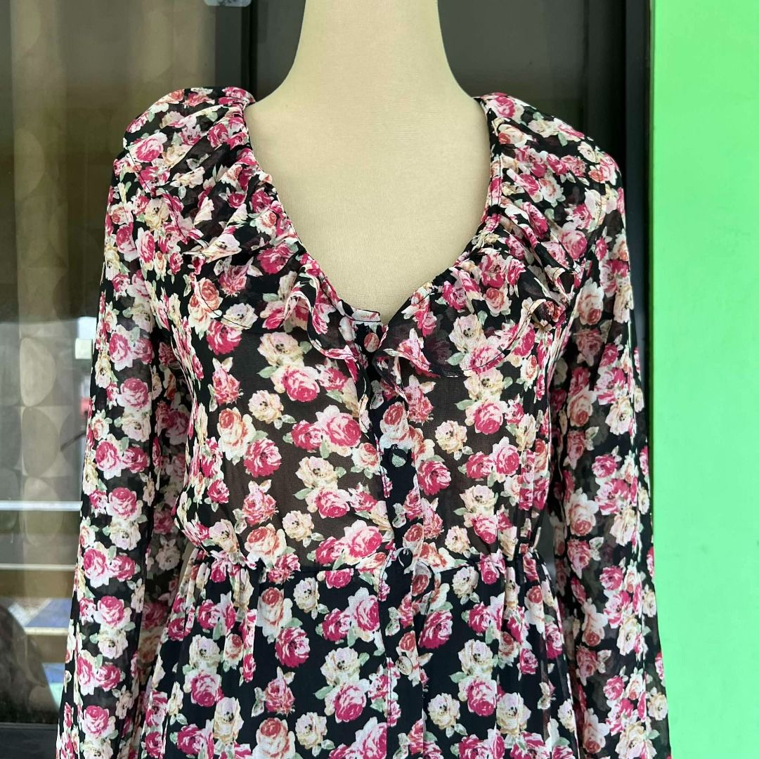 ZARA FLORAL RUFFLE PINK V NECK LONG SLEEVE TIERED LAYERED MINI DRESS SMALL  MEDIUM, Women's Fashion, Dresses & Sets, Dresses on Carousell