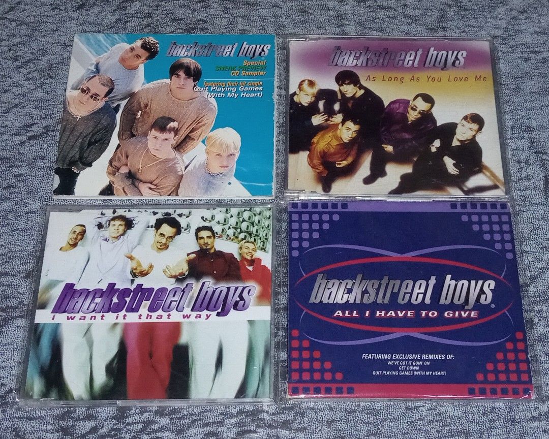 BACKSTREET BOYS CD SINGLES (Category: CDs & DVDs) located in Talavera. Submitted by thalifan46 (Listing ID 1315900099, Image 1). Description: BACKSTREET BOYS CD SINGLES •SPECIAL SNEAK PREVIEW CD SAMPLER •AS LONG AS YOU LOVED ME •I WANT IT THAT WAY •ALL I HAVE TO GIVE P450 EACH..
