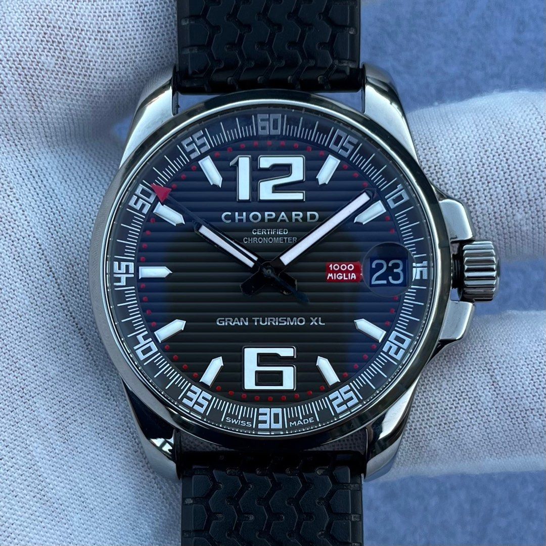 Chopard Mille Miglia Gran Turismo XL GTXL 44MM Black Dial 168997 (Category: Watches) located in Sydney. Submitted by timepiecesterls (Listing ID 1316038008, Image 1). Description: Chopard Mille Miglia Gran Turismo XL GTXL 44MM Black Dial 168997 2015 year full set, watch in excellent condition, comes with inner and outer box, manuals, warranty papers & tyre gauge tool. Chopard has been the long time sponsor and official timekeeper of the 1000 Migl