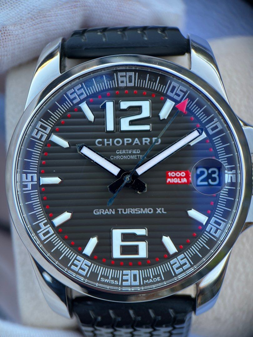Chopard Mille Miglia Gran Turismo XL GTXL 44MM Black Dial 168997 (Category: Watches) located in Sydney. Submitted by timepiecesterls (Listing ID 1316038008, Image 3). Description: Chopard Mille Miglia Gran Turismo XL GTXL 44MM Black Dial 168997 2015 year full set, watch in excellent condition, comes with inner and outer box, manuals, warranty papers & tyre gauge tool. Chopard has been the long time sponsor and official timekeeper of the 1000 Migl