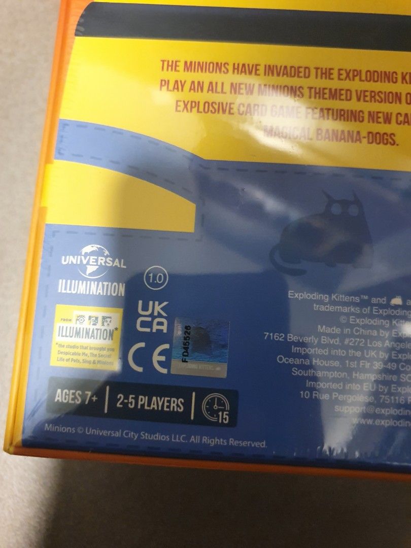 Exploding Minions (Authentic) (Category: Board Games & Puzzles) located in Singapore. Submitted by shi.jingping (Listing ID 1316004605, Image 3). Description: Selling a brand new box of Exploding Minions. Product is authentic (see pic 3), it was bought from the official Exploding Kittens website. Free registered/tracked mailing is provided..