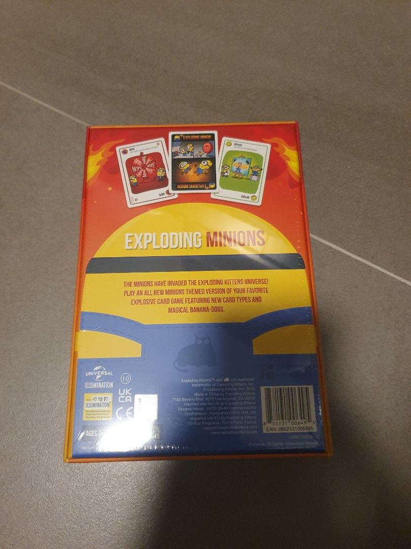 Exploding Minions (Authentic) (Category: Board Games & Puzzles) located in Singapore. Submitted by shi.jingping (Listing ID 1316004605, Image 2). Description: Selling a brand new box of Exploding Minions. Product is authentic (see pic 3), it was bought from the official Exploding Kittens website. Free registered/tracked mailing is provided..