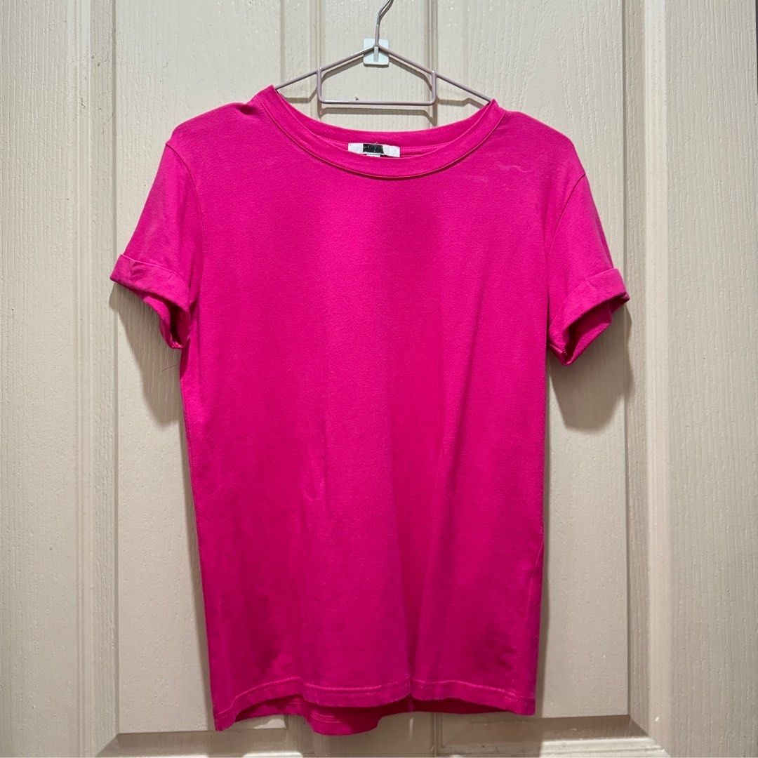 Hot pink top (rolled sleeves) (Category: Blouses) located in Malabon City. Submitted by moideclutter (Listing ID 1315955016, Image 1). Description: Used twice Size S but best fits M-Semi large Stretchy cotton.