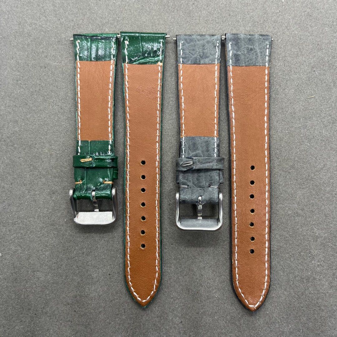 NEW 20MM CALF LEATHER WATCH STRAP WITH CROCODILE EMBOSS ROYAL GREEN GREY. suitable for sports classic dress vintage watches like rolex tudor grand seiko citizen orient omega tag heuer etc Men s