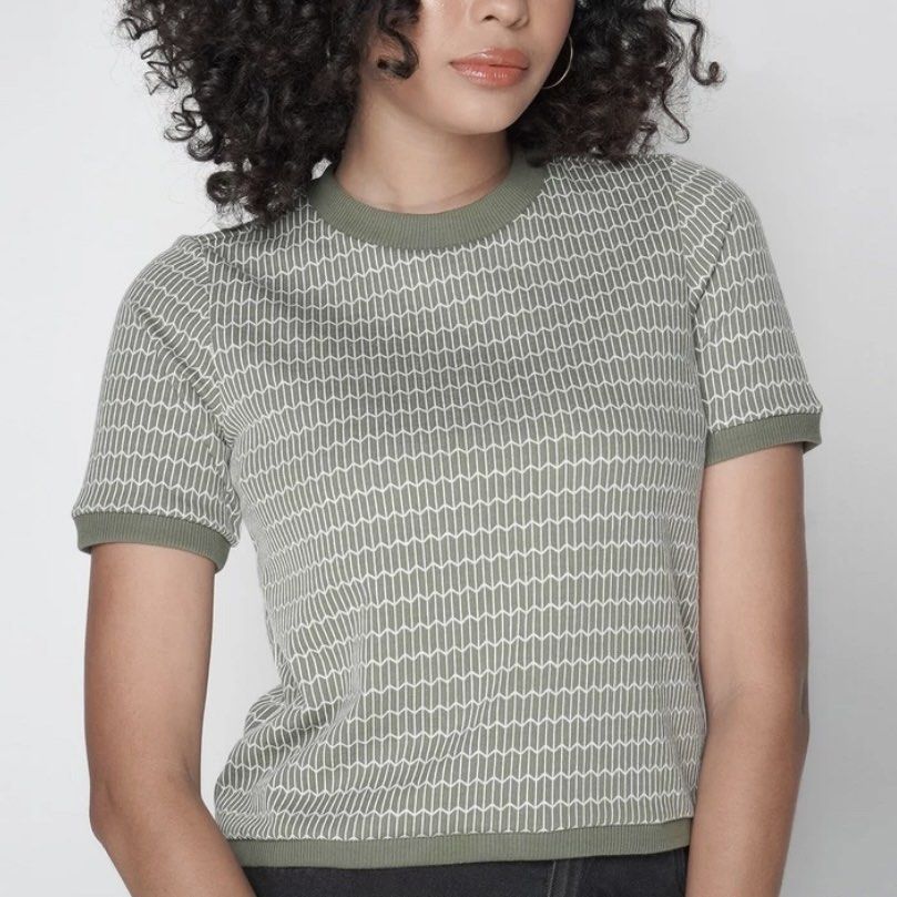 Penshoppe jacquard top (Category: Blouses) located in Guimba. Submitted by _thrift_things_ (Listing ID 1273211583, Image 1). Description: Bought for ₱699 Size: Small Used twice only Comfy crop top .