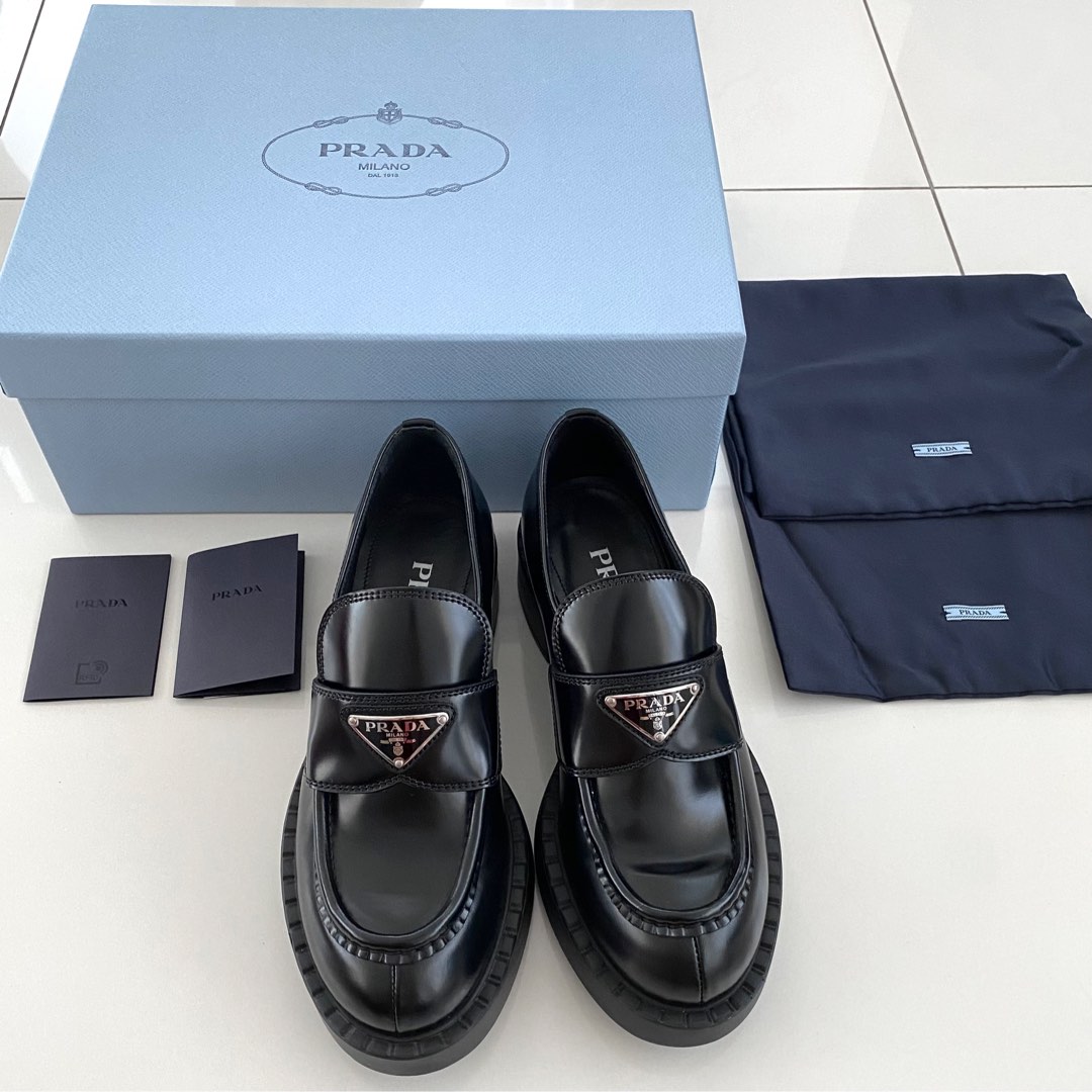 Prada Chocolate Brushed Leather Loafers, Luxury, Sneakers