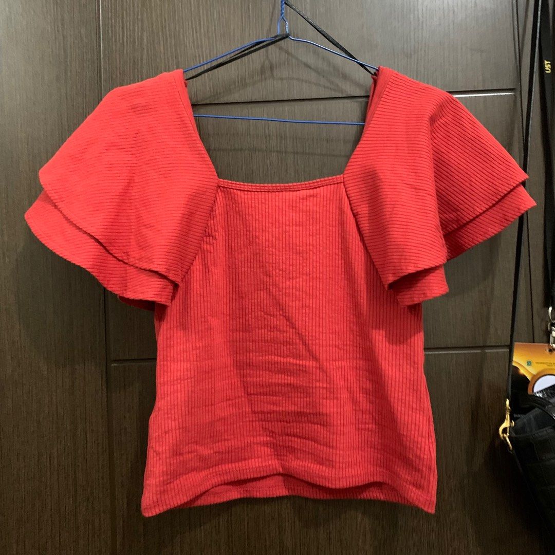 Red H M Ruffle Top Women s Fashion Tops Shirts on Carousell