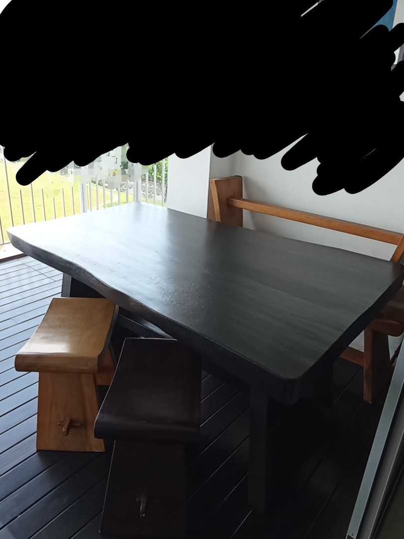 Solid Wood Dining Table (Category: Tables & Sets) located in Singapore. Submitted by ynaffitt (Listing ID 1315970508, Image 1). Description: Bought from The helping hand furniture store. do note that there are defects here and there due to sun, repainting done for some furnitures too Measurement: table 150X90X72cm bench 2pcs. 120X30X45cm stool 2pcs. 50x30x50cm To arrange your own delivery. no refund, no exchange, no viewing only..