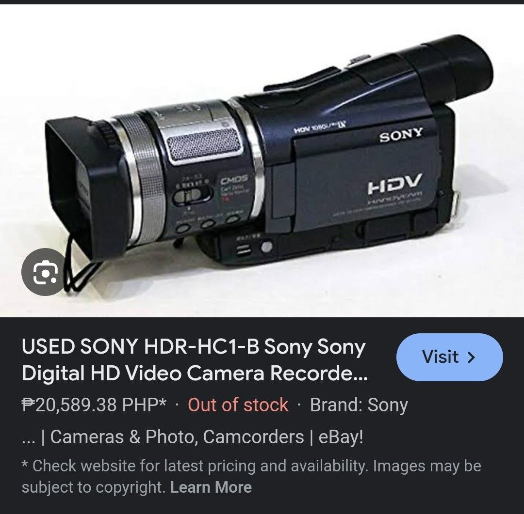Sony Digital HD Video Camera Recorder (Category: Video Cameras) located in Manila. Submitted by aeronmaurcio (Listing ID 1315953049, Image 1). Description: Untested last checked, gumagana pa daw sabi ng first seller Good body condition No charger Has stratches *with batt *with 2 mini dv tapes.