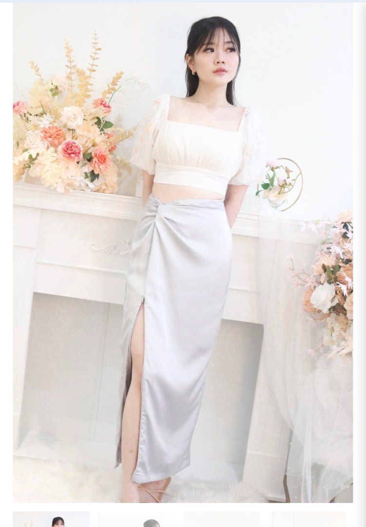 White satin twist front midi skirt online