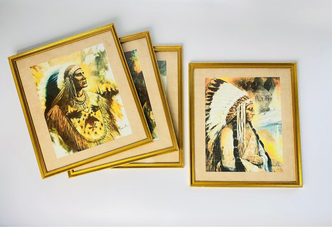 Vintage Indian rustic western home decor (Category: Frames & Pictures) located in Cavite. Submitted by import_savers (Listing ID 1315894741, Image 1). Description: VGUC (very good used condition) Artist Ruane Manning Most likely printed canvass Designs: 1.Indian Eyes of the Eagle 2.Chief Sitting Bull Spirit of the Sioux Nation 3.Native American Red Feather 4.Indian Spirit of the Wolf Size: 28cm W x 32cm H Priced per piece .