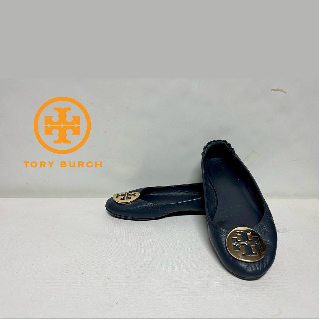 Authentic Tory Burch Minnie Travel Ballet with Gold Logo in Navy Napa Leather Women s Fashion Footwear Flats on Carousell