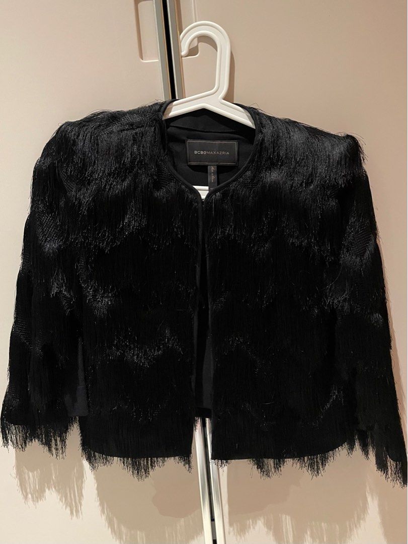 BCBG MAXAZRIA Womens Black Jaxon Crochet Fringe Cropped Jacket Blazer Carousell