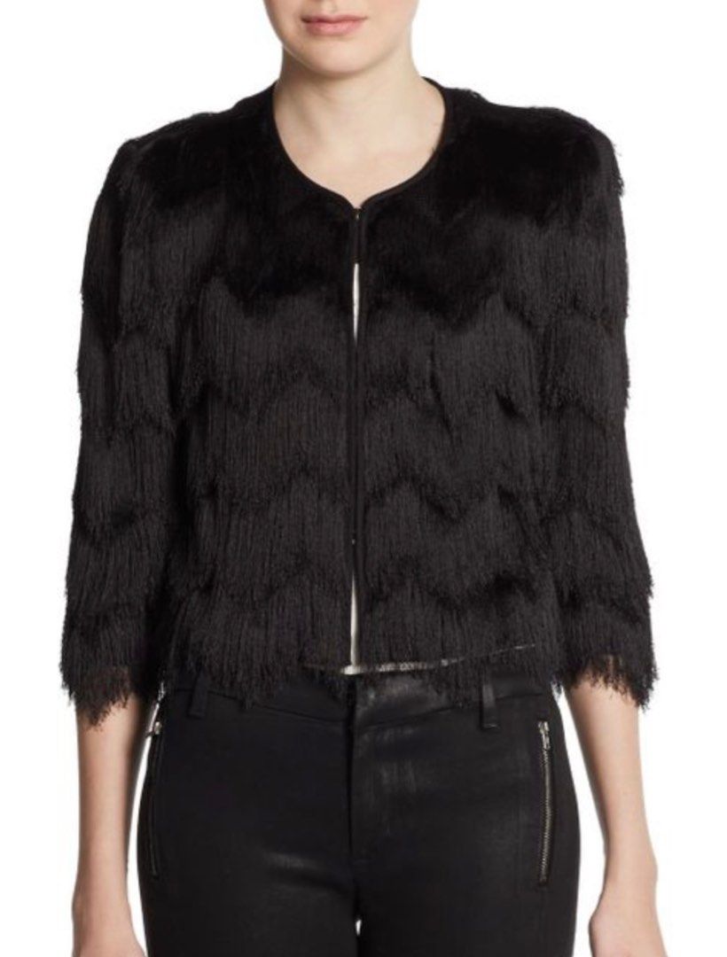 BCBG MAXAZRIA Womens Black Jaxon Crochet Fringe Cropped Jacket Blazer