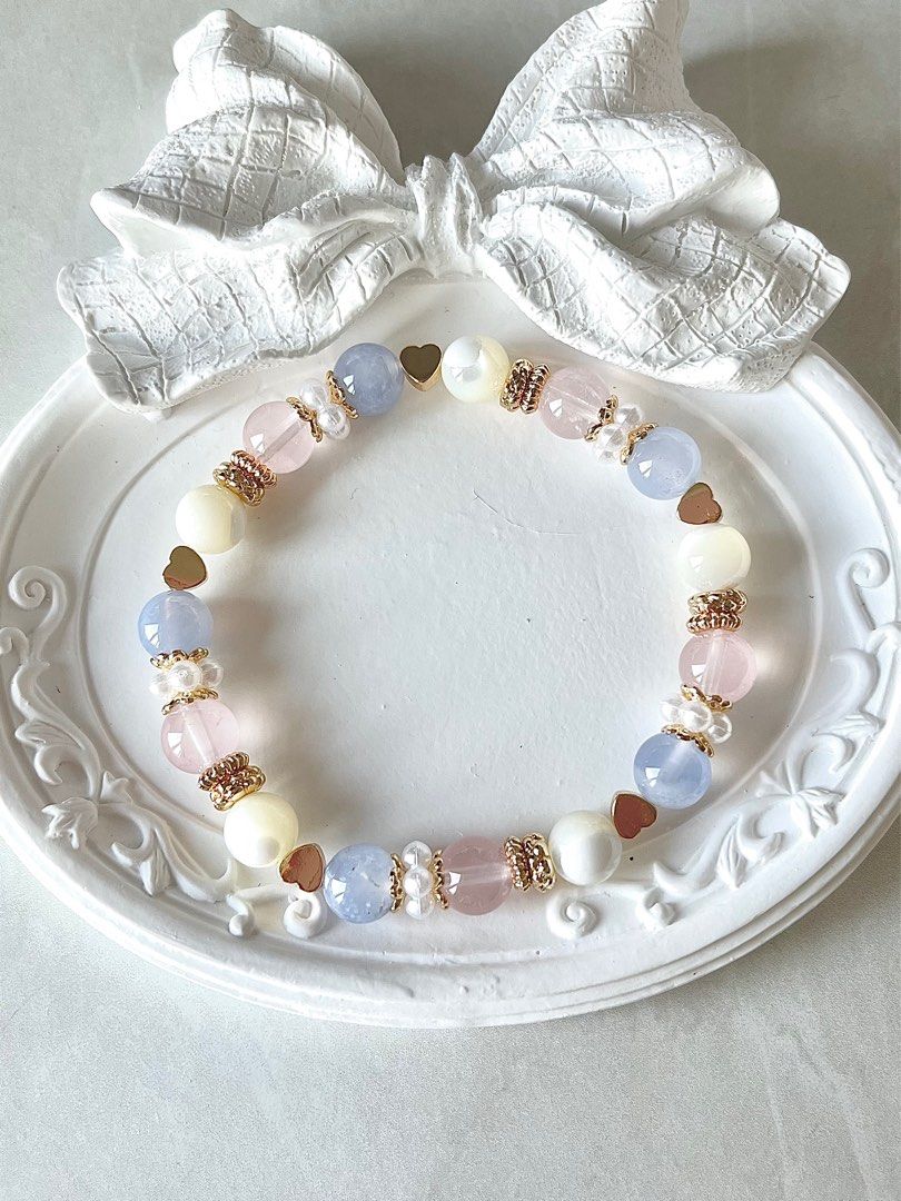 Blue Lace Agate Starlight Rose Quartz and White Conch Crystal Bracelet in Gold Women s Fashion Jewelry Organisers Bracelets on Carousell